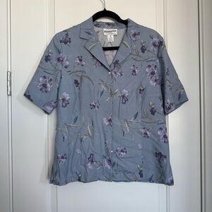 Pendleton Blue Floral Button Down Shirt 100% Silk Size 8 Boho Cottage VTG Vibes